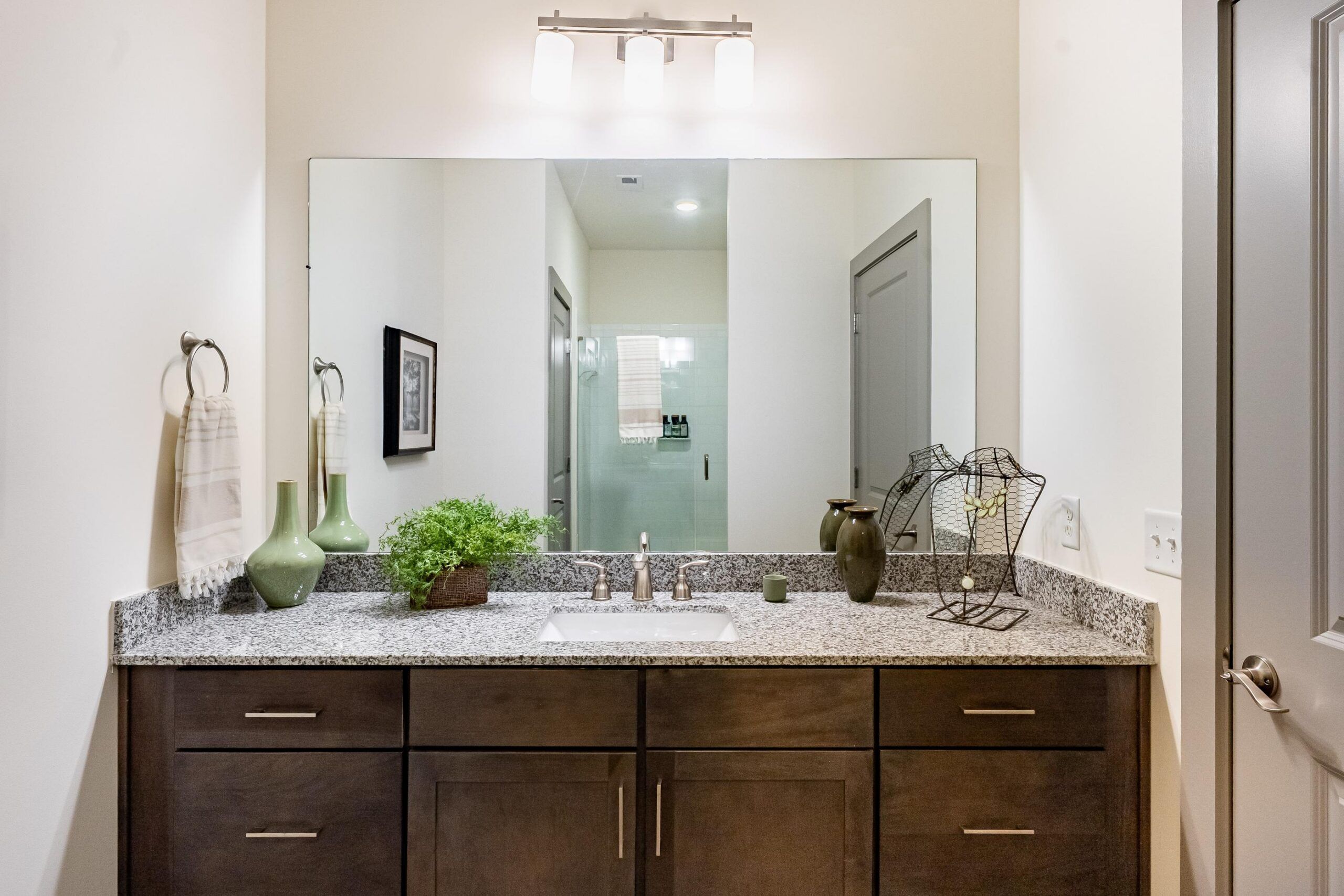 Modern bathroom vanity with granite countertop, decorative vases, green plant, towel, and large mirror.